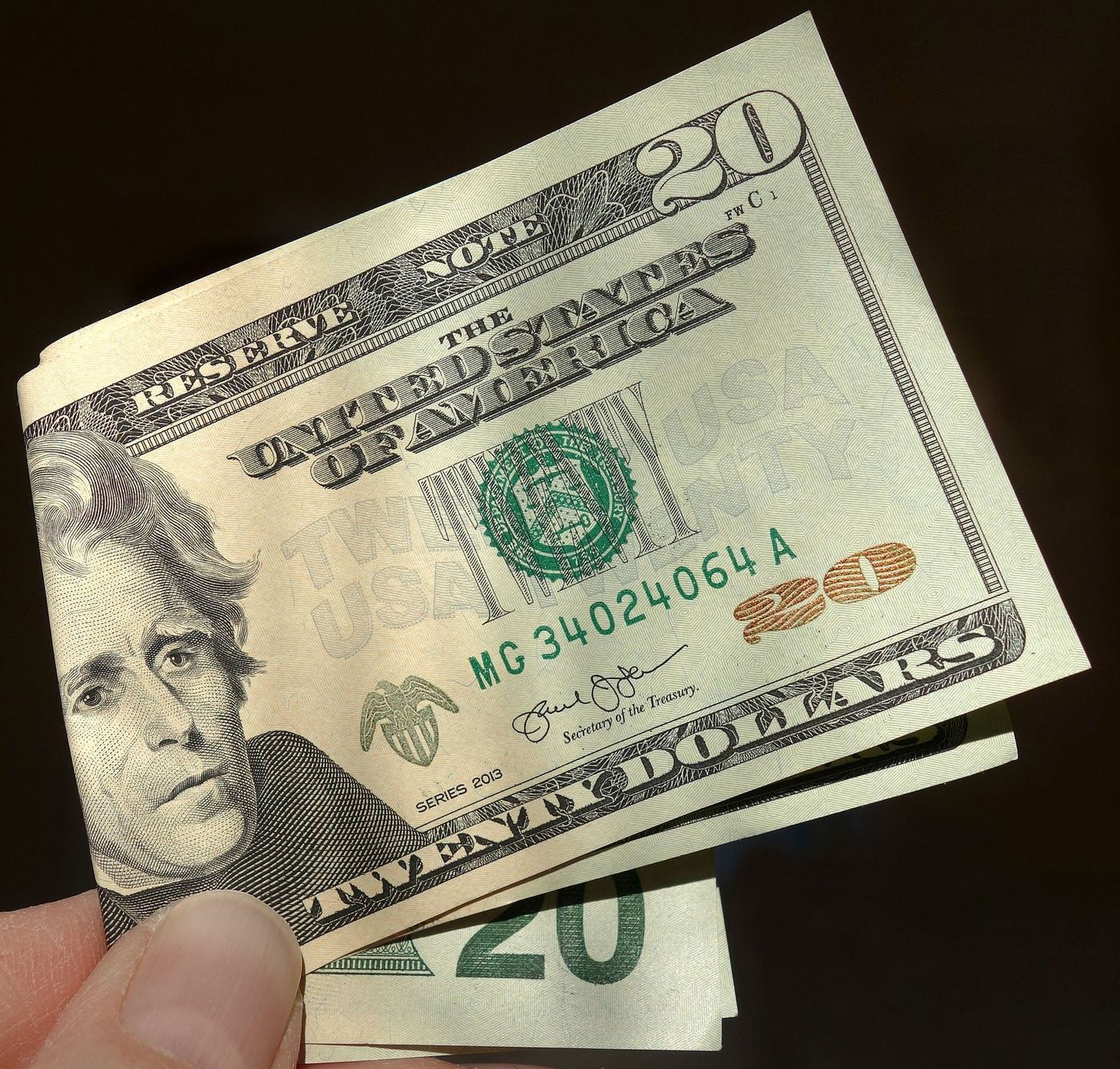 A hand holding folded twenty dollar bills